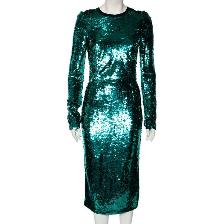 Pre Owned Dolce & Gabbana Metallic Green Paillette-Embellished Dress M
