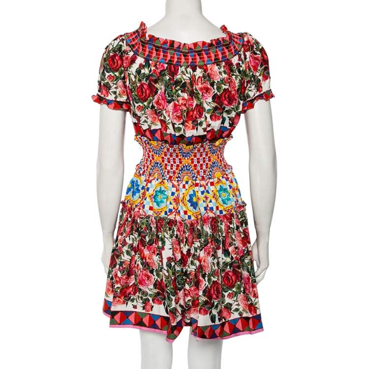 Pre Owned Dolce & Gabbana Multicolored Mambo Print Cotton Peasant Mini Dress S