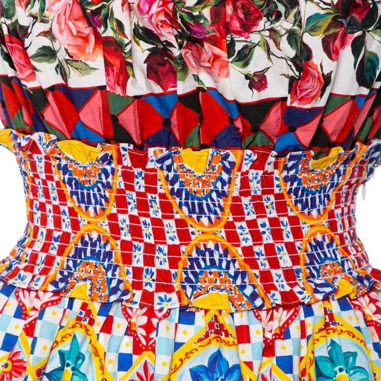 Pre Owned Dolce & Gabbana Multicolored Mambo Print Cotton Peasant Mini Dress S