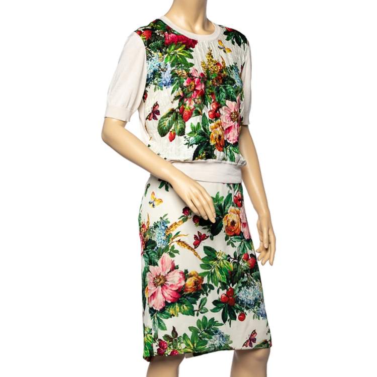 Pre Owned Dolce & Gabbana Cream Floral Embossed Jacquard Top & Silk Skirt L