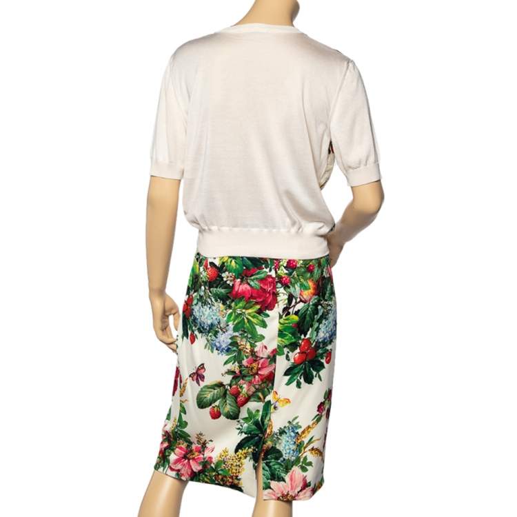 Pre Owned Dolce & Gabbana Cream Floral Embossed Jacquard Top & Silk Skirt L