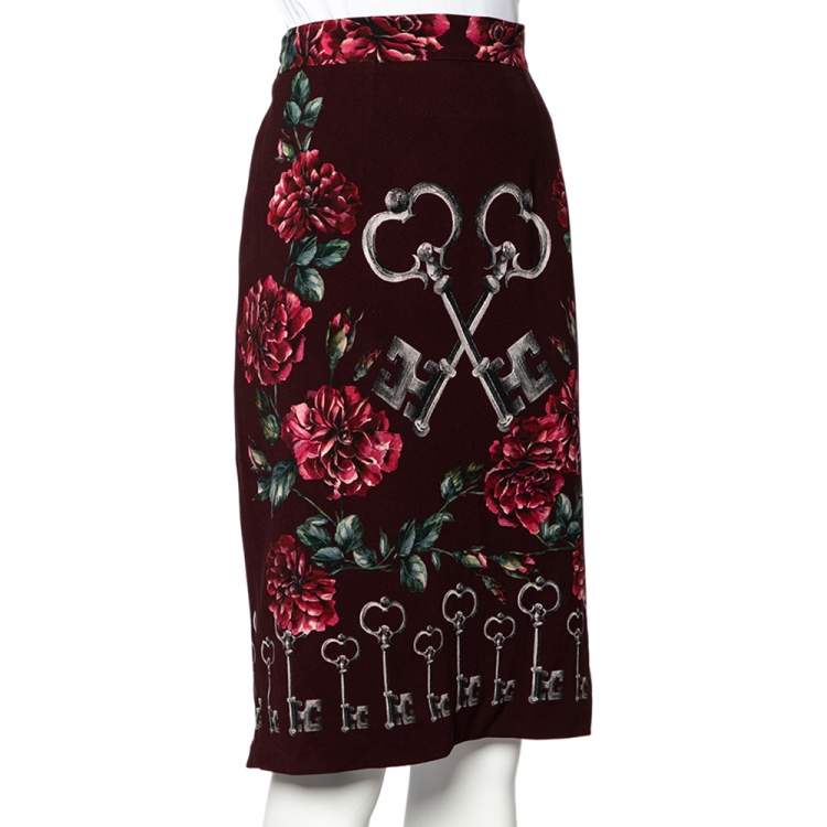 Pre Owned Dolce & Gabbana Burgundy Key And Floral Printed Crepe Pencil Skirt L