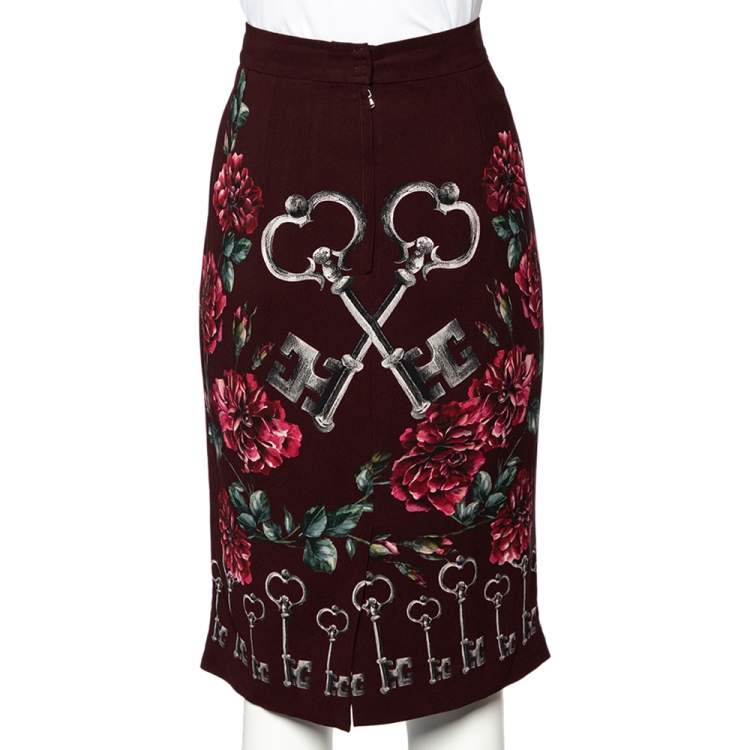 Pre Owned Dolce & Gabbana Burgundy Key And Floral Printed Crepe Pencil Skirt L
