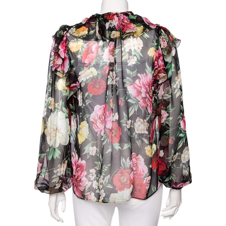 Pre Owned Dolce & Gabbana Black Floral Printed Silk Ruffled Neck Tie Detail Top S