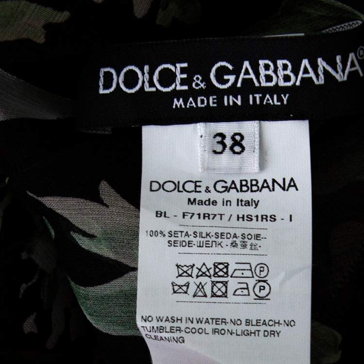 Pre Owned Dolce & Gabbana Black Floral Printed Silk Ruffled Neck Tie Detail Top S