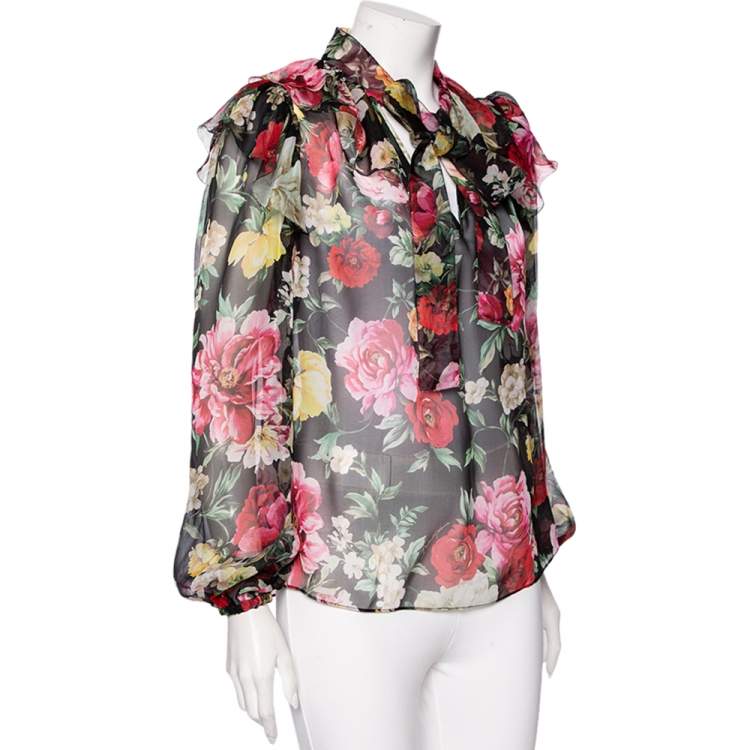 Pre Owned Dolce & Gabbana Black Floral Printed Silk Ruffled Neck Tie Detail Top S