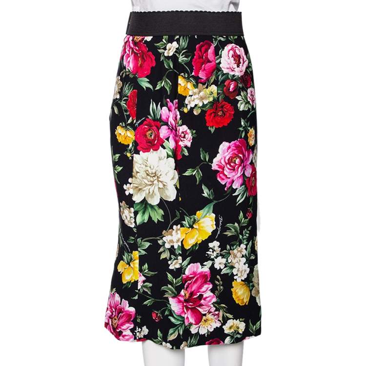 Pre Owned Dolce & Gabbana Black Floral Printed Silk Pencil Skirt S