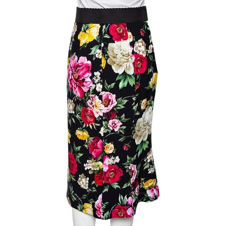 Pre Owned Dolce & Gabbana Black Floral Printed Silk Pencil Skirt S