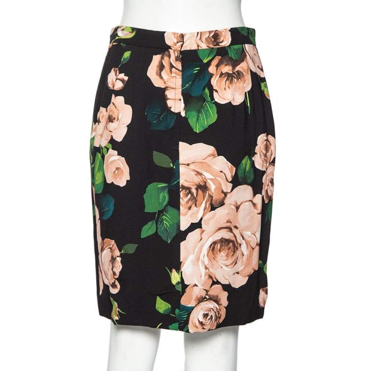 Pre Owned Dolce & Gabbana Black Floral Printed Crepe Pencil Skirt M