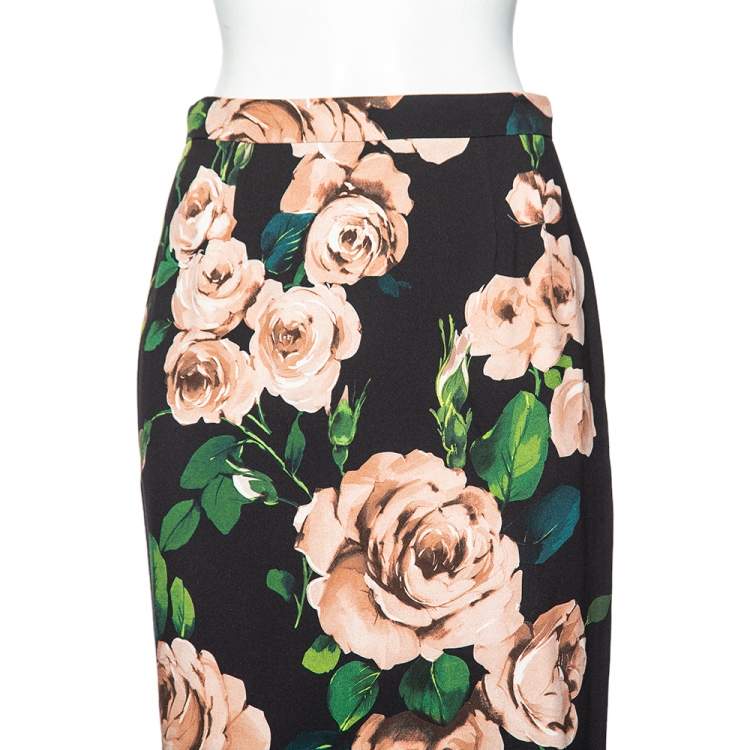 Pre Owned Dolce & Gabbana Black Floral Printed Crepe Pencil Skirt M