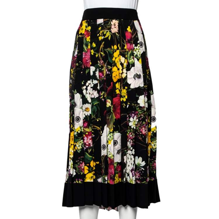 Pre Owned Dolce & Gabbana Black Silk Crepe Pleated Midi Skirt L