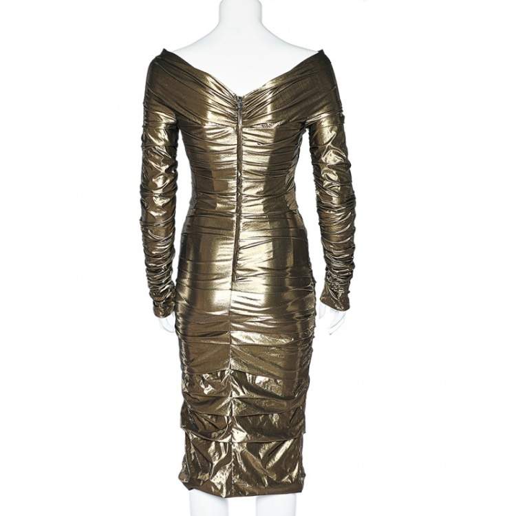 Pre Owned Dolce & Gabbana Gold Lamé Ruched Off Shoulder Dress S