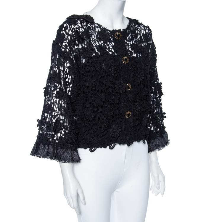 Pre Owned Dolce & Gabbana Black Floral Lace Button Front Cropped Jacket S