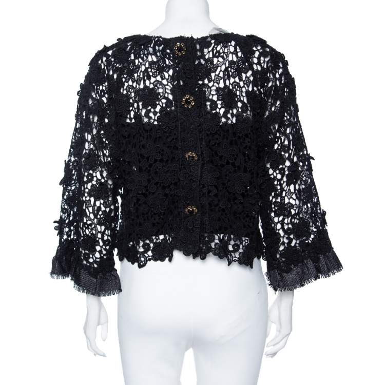 Pre Owned Dolce & Gabbana Black Floral Lace Button Front Cropped Jacket S