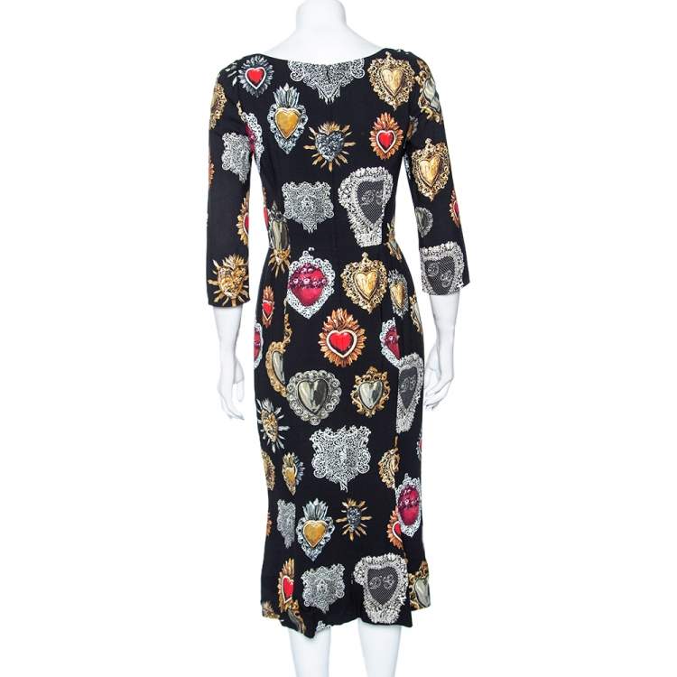 Pre Owned Dolce & Gabbana Black Sacred Heart Print Crepe Midi Dress S
