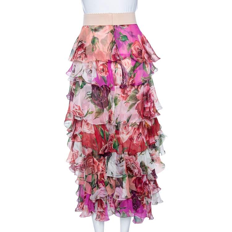 Pre Owned Dolce & Gabbana Pink Floral Print Silk Ruffled Maxi Skirt M