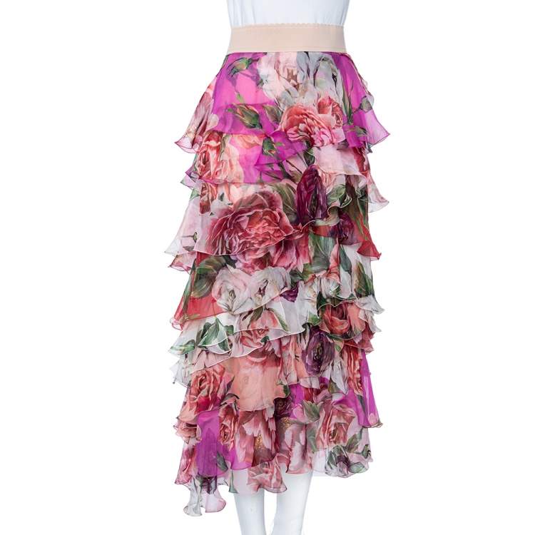 Pre Owned Dolce & Gabbana Pink Floral Print Silk Ruffled Maxi Skirt M