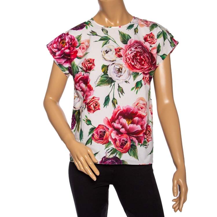 Pre Owned Dolce & Gabbana White Floral Printed Cotton Short Sleeve Top S 