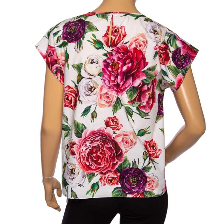 Pre Owned Dolce & Gabbana White Floral Printed Cotton Short Sleeve Top S 