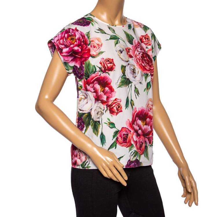 Pre Owned Dolce & Gabbana White Floral Printed Cotton Short Sleeve Top S 