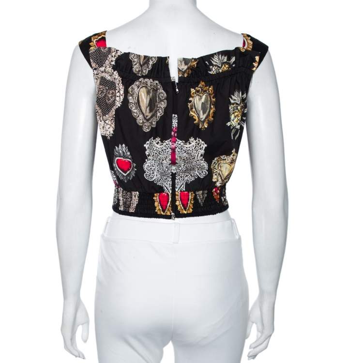Pre Owned Dolce & Gabbana Black Sacred Heart Printed Cotton Sleeveless Crop Top S