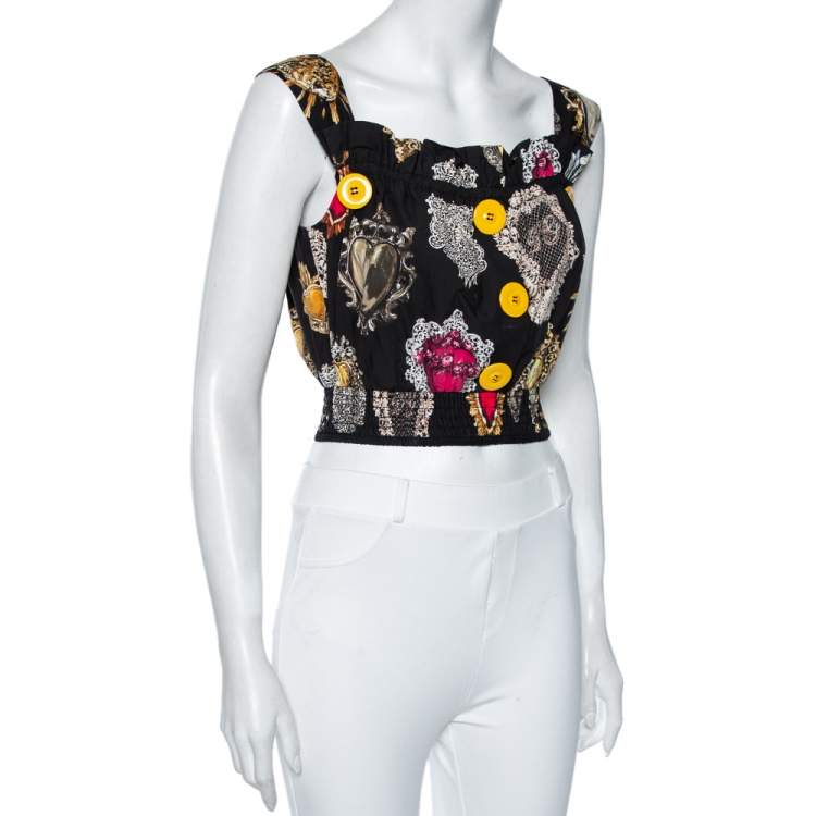Pre Owned Dolce & Gabbana Black Sacred Heart Printed Cotton Sleeveless Crop Top S