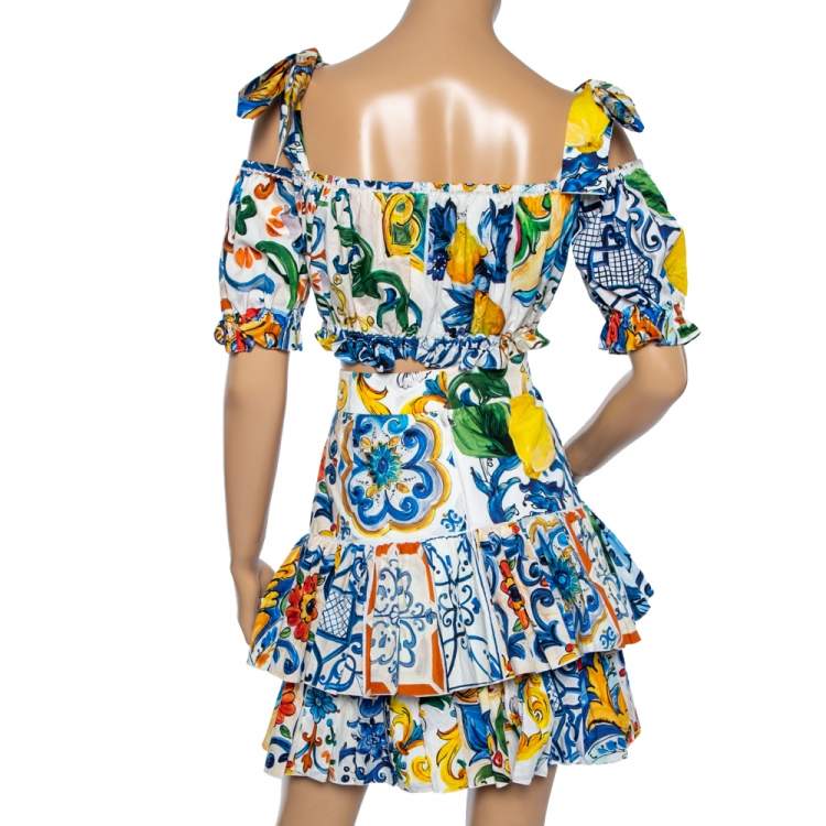 Pre Owned Dolce & Gabbana Multicolored Majolica Printed Cotton Crop Top & Tiered Skirt Set S