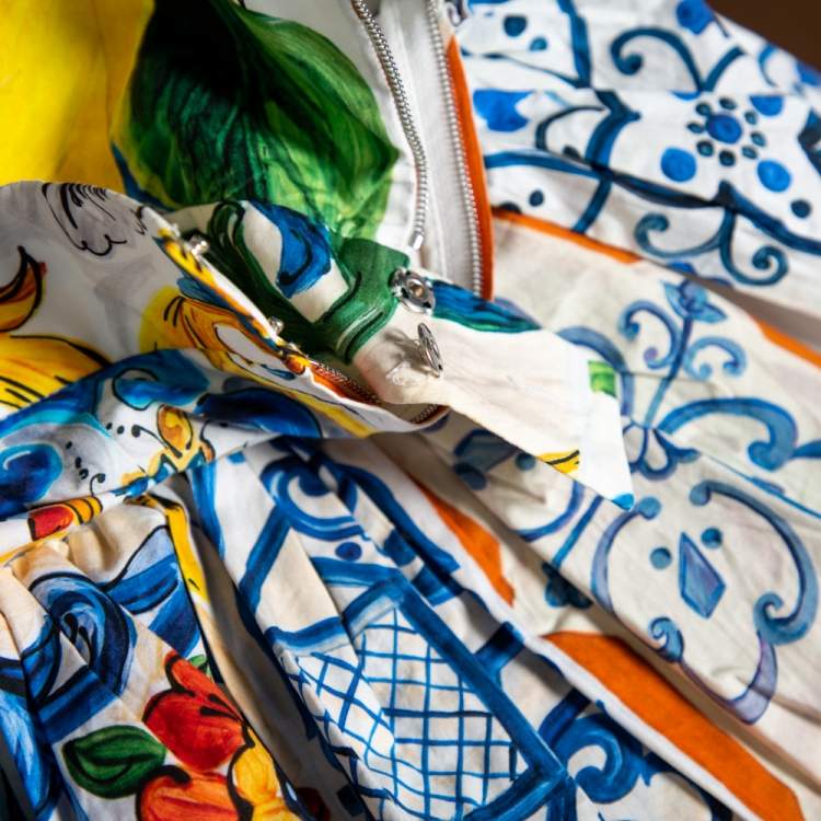 Pre Owned Dolce & Gabbana Multicolored Majolica Printed Cotton Crop Top & Tiered Skirt Set S