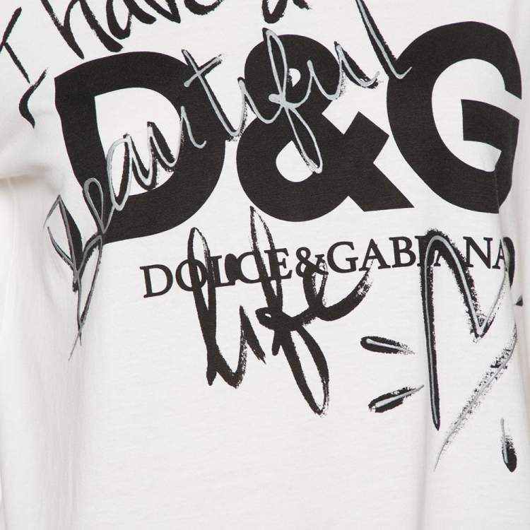 Pre Owned Dolce & Gabbana White Beautiful Life Print Cotton Short Sleeve T-Shirt S