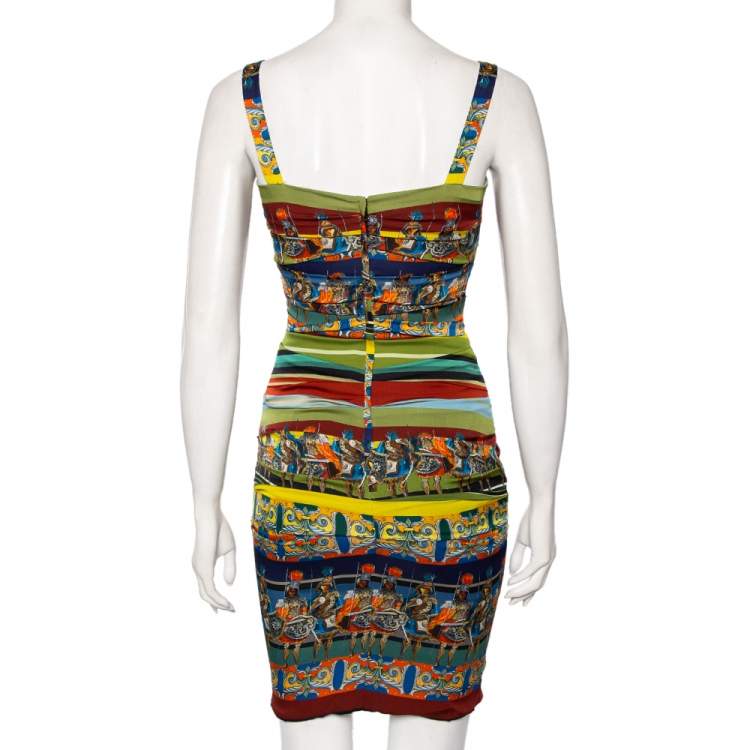 Pre Owned Dolce & Gabbana Multicolored Warrior Printed Silk Ruched Mini Dress XS