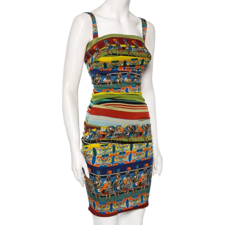Pre Owned Dolce & Gabbana Multicolored Warrior Printed Silk Ruched Mini Dress XS