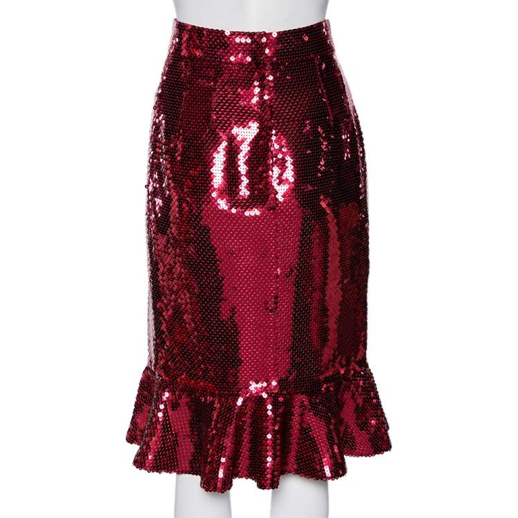Pre Owned Dolce & Gabbana Red Sequin Embellished Flared Hem Detailed Skirt M