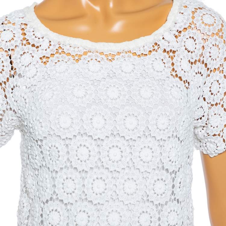 Pre Owned Dolce & Gabbana White Crochet Lace Short Sleeve Top S