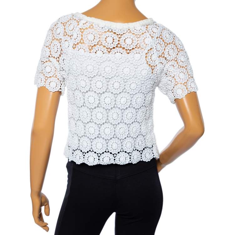 Pre Owned Dolce & Gabbana White Crochet Lace Short Sleeve Top S