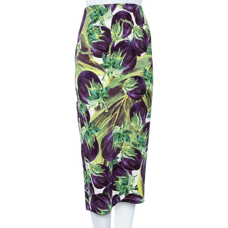 Pre Owned Dolce & Gabbana Purple & Green Aubergine Print Crepe Midi Pencil Skirt M