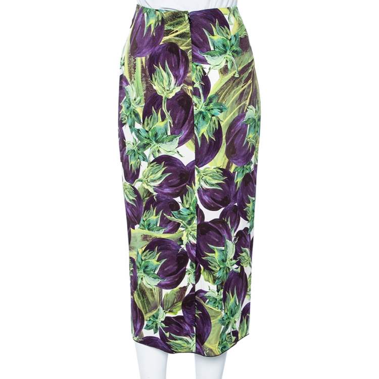 Pre Owned Dolce & Gabbana Purple & Green Aubergine Print Crepe Midi Pencil Skirt M
