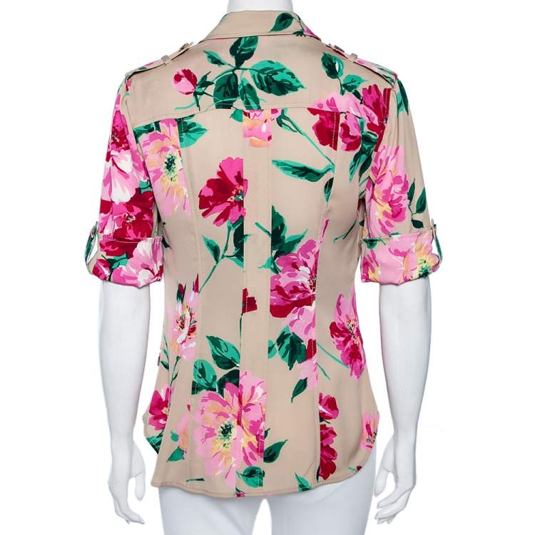 Pre Owned Dolce & Gabbana Beige Floral Printed Silk Button Front Blouse M