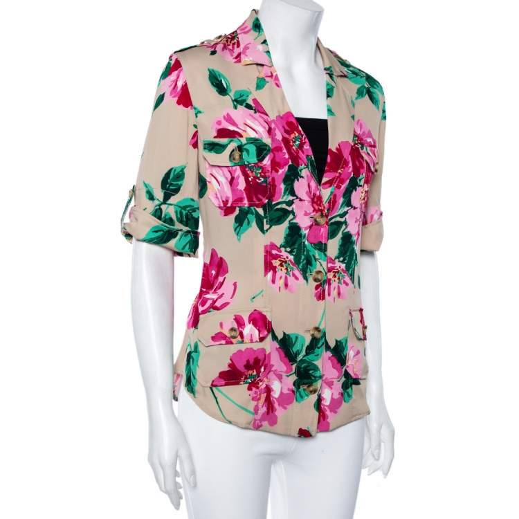 Pre Owned Dolce & Gabbana Beige Floral Printed Silk Button Front Blouse M