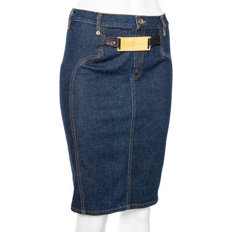 Pre Owned D G Vintage Navy Blue Denim Logo Plaque Detail Mini Skirt S