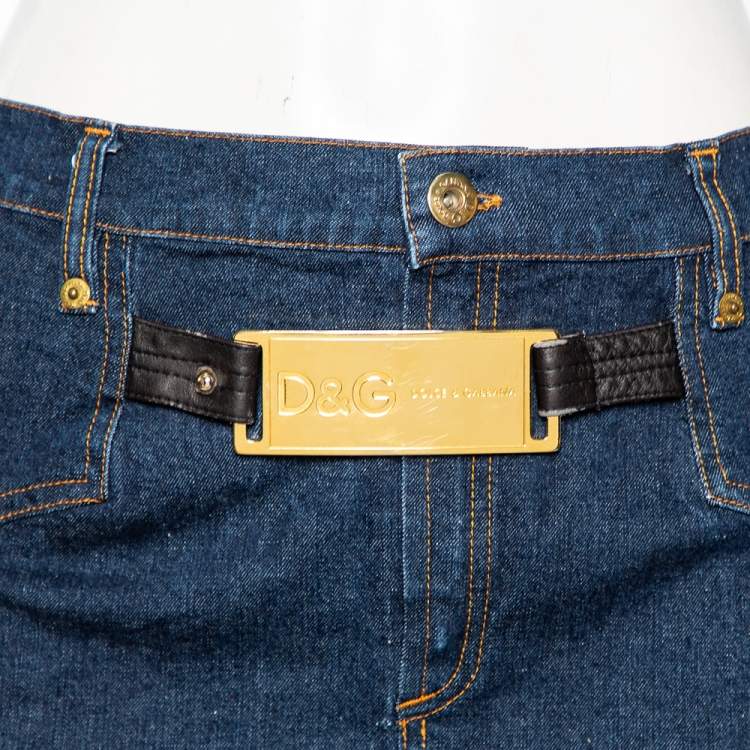Pre Owned D G Vintage Navy Blue Denim Logo Plaque Detail Mini Skirt S