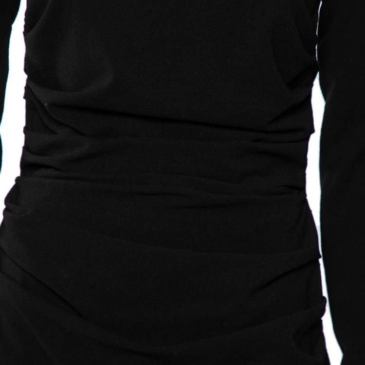 Pre Owned Dolce & Gabbana Black Wool Crepe Off Shoulder Ruched Midi Dress L