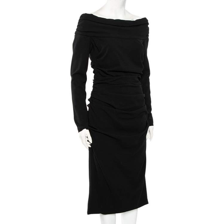 Pre Owned Dolce & Gabbana Black Wool Crepe Off Shoulder Ruched Midi Dress L