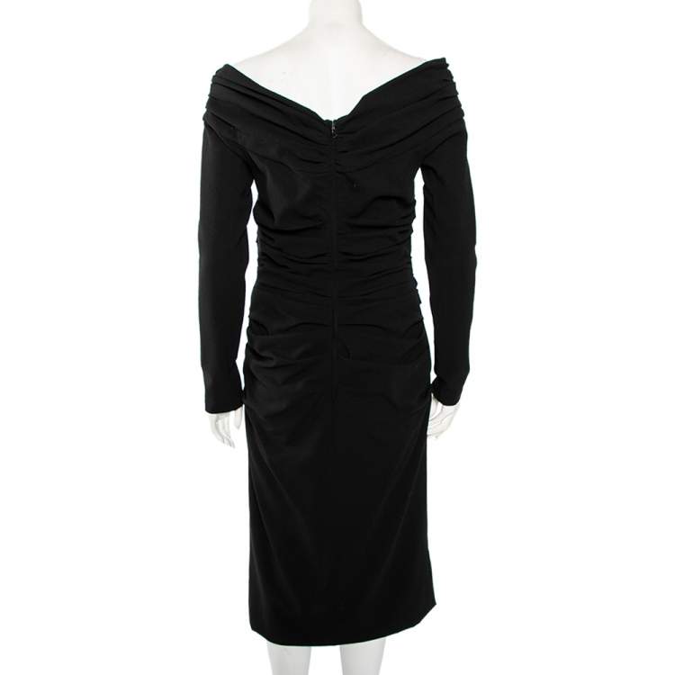 Pre Owned Dolce & Gabbana Black Wool Crepe Off Shoulder Ruched Midi Dress L