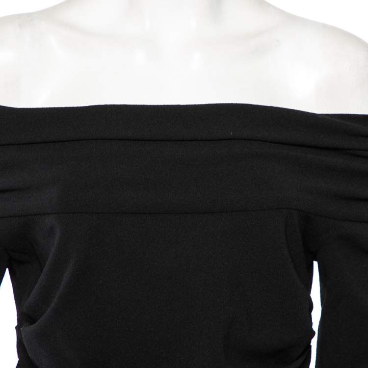 Pre Owned Dolce & Gabbana Black Wool Crepe Off Shoulder Ruched Midi Dress L