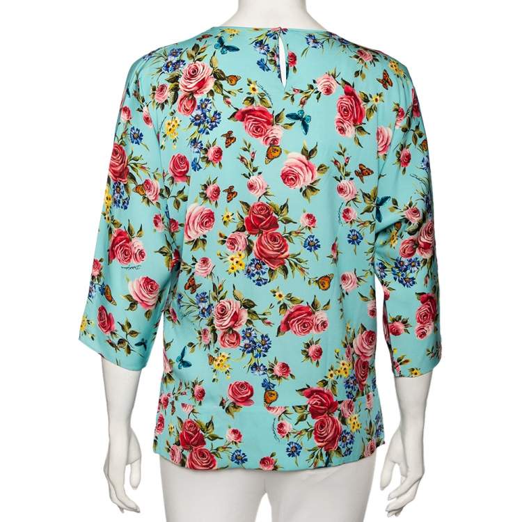 Pre Owned Dolce & Gabbana Blue Floral Print Silk Kimono Blouse M