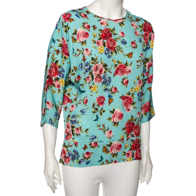 Pre Owned Dolce & Gabbana Blue Floral Print Silk Kimono Blouse M