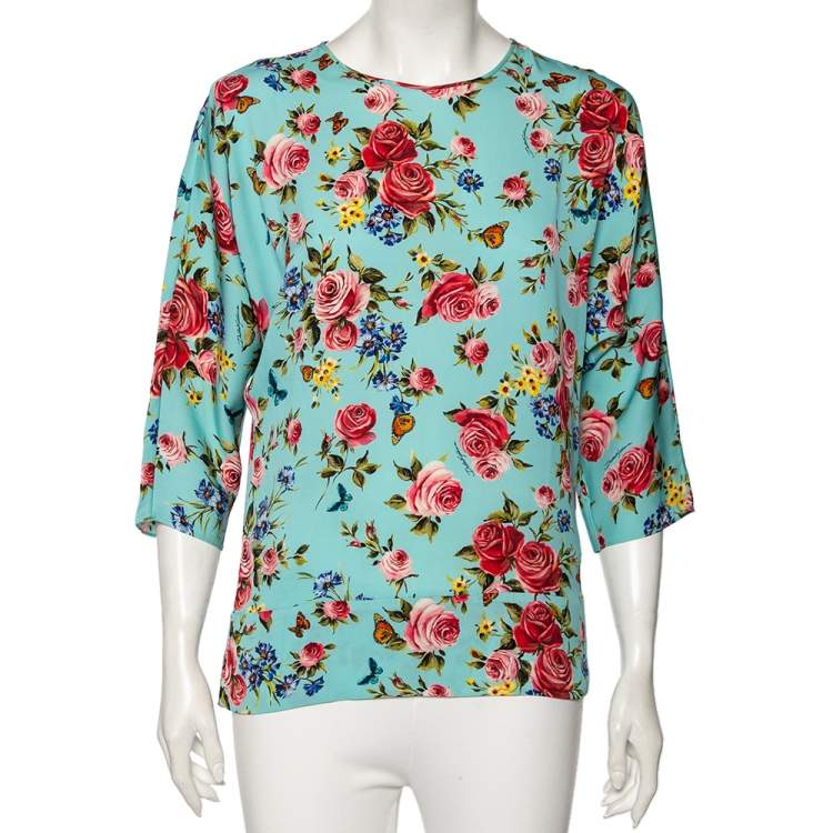 Pre Owned Dolce & Gabbana Blue Floral Print Silk Kimono Blouse M