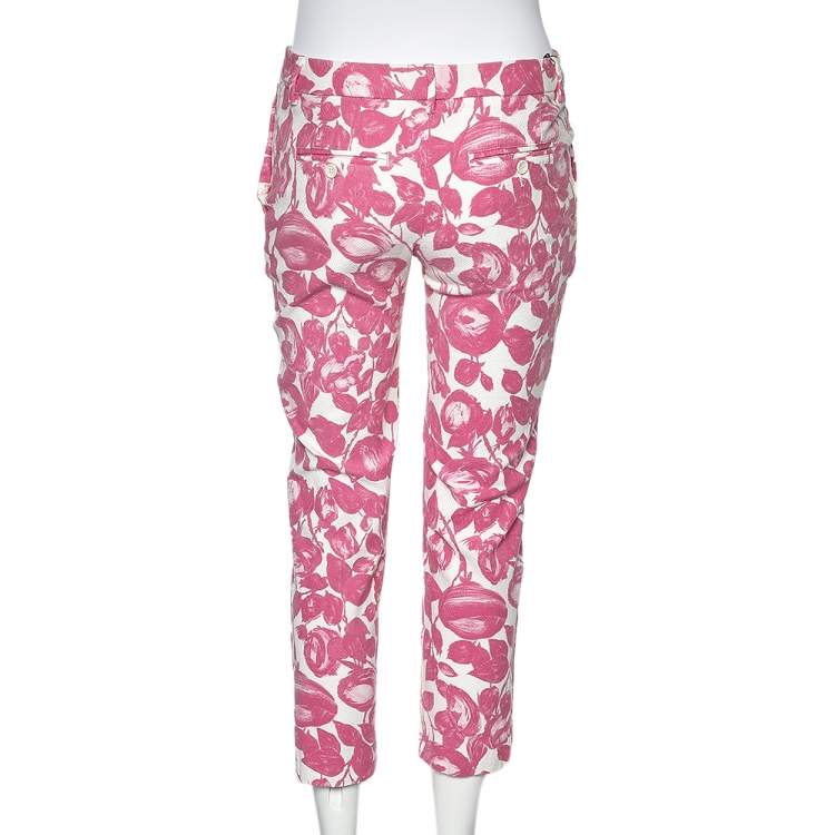 Pre Owned Dolce & Gabbana Pink Floral Printed Textured Cotton Tapered Leg Pants M