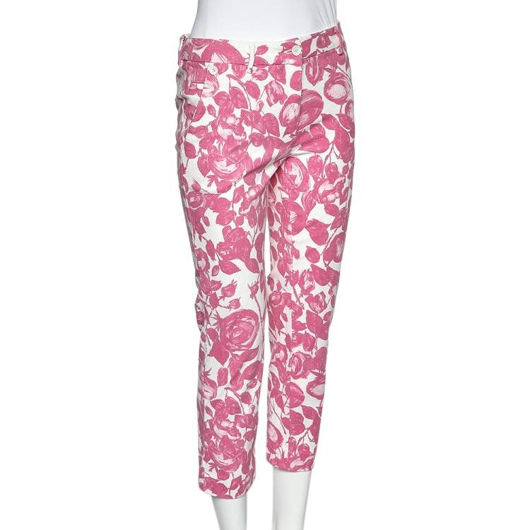 Pre Owned Dolce & Gabbana Pink Floral Printed Textured Cotton Tapered Leg Pants M
