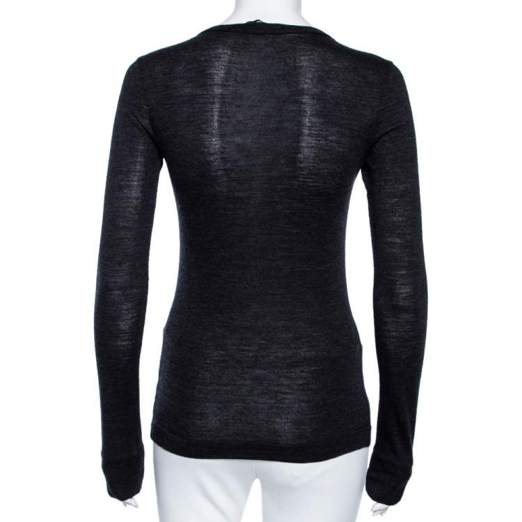 Pre Owned Dolce & Gabbana Charcoal Grey Knit Logo Embroidered Long Sleeve T-Shirt S